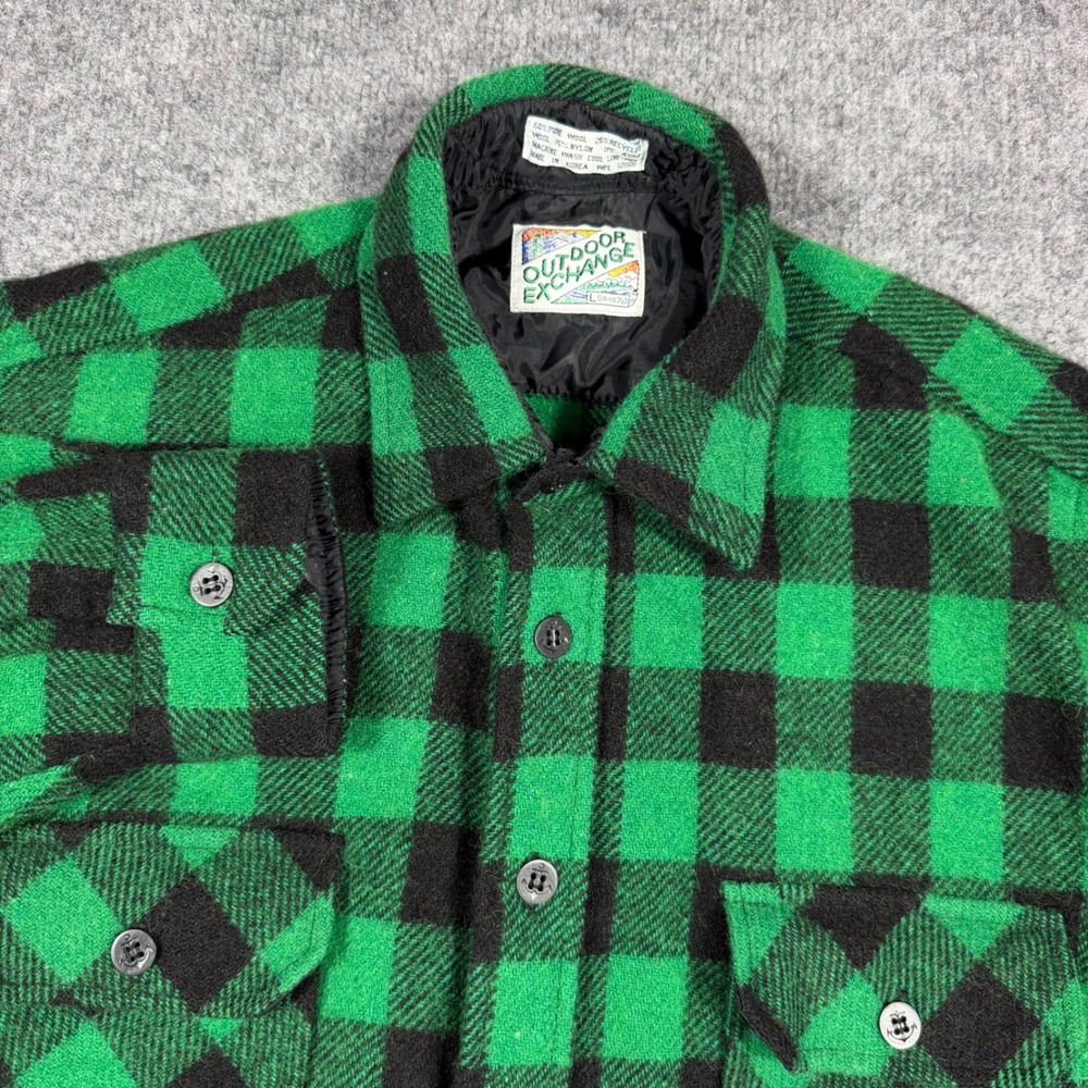 VTG Outdoor Exchange Wool Blend Buffalo Plaid Shirt L Green Black Flannel GUC